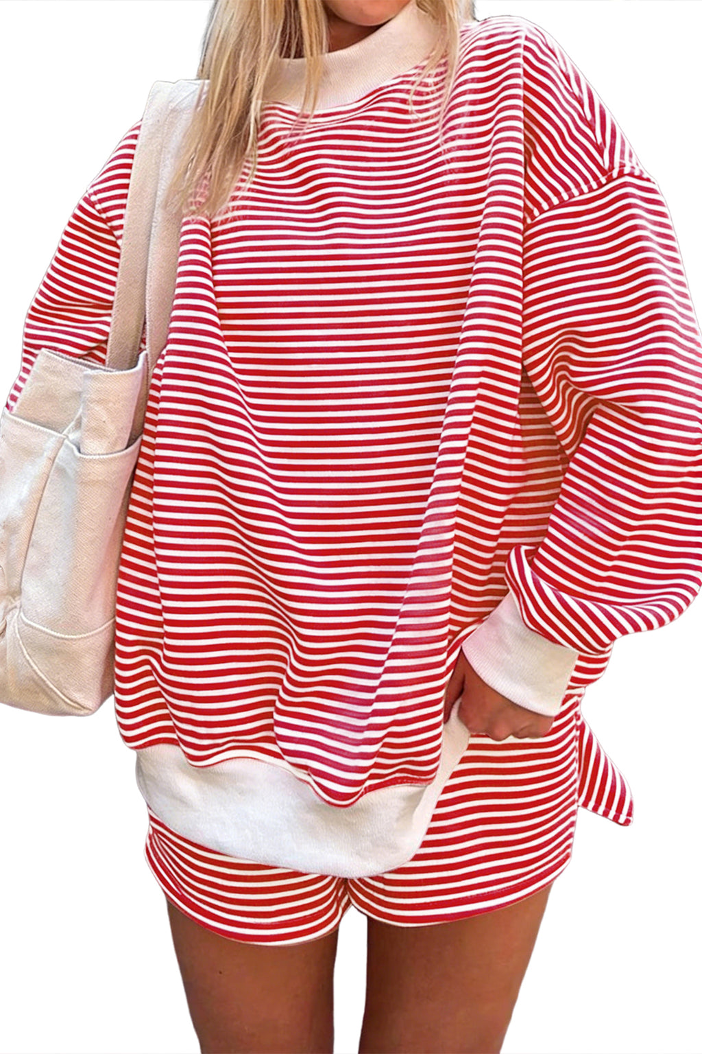 Pink Stripe Oversize Mock Neck Sweatshirt and Shorts Set